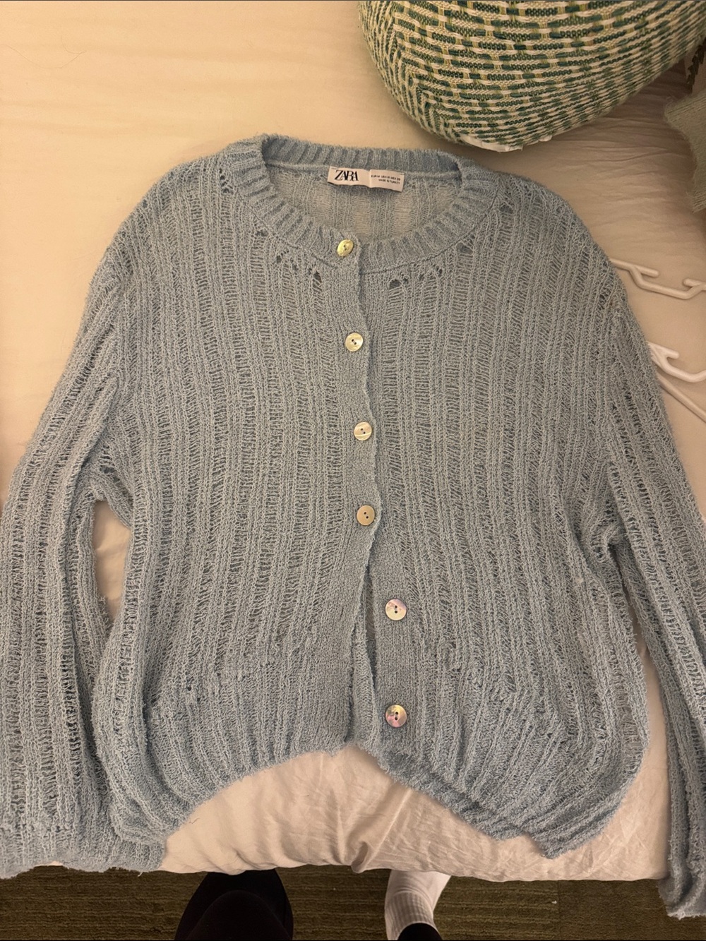 Zara Pale Blue Open-Knit Button Cardigan